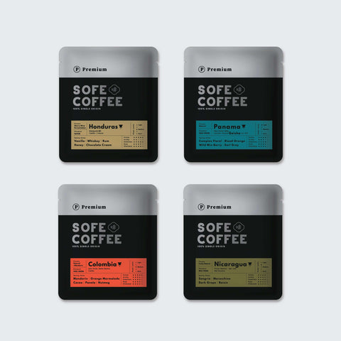 Sofe Premium Single-Origin Drip Bag Trial Pack of 8 displaying specialty coffee selections from Honduras, Panama, Colombia, and Nicaragua.