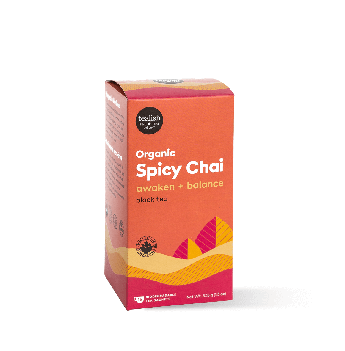 Organic Spicy Chai with premium black tea and bold chai spices—invigorating, aromatic, and perfect as a latte or with a touch of honey for a warming, flavorful boost.