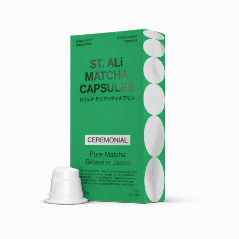 ST. ALi Matcha | Ceremonial Grade Capsules packaging with capsule on white background, Nespresso compatible.
