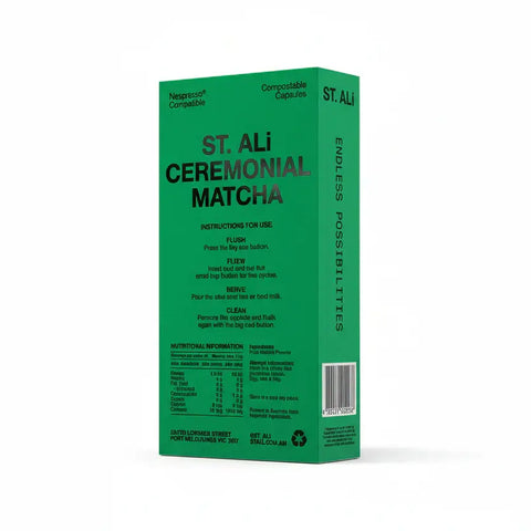 Matcha | Ceremonial Grade Capsules packaging by ST. ALi highlighting brewing instructions and nutritional info.