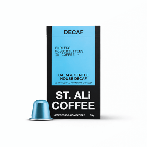 House Decaf Capsules from ST. ALi, featuring recyclable aluminum capsules for a rich coffee experience.
