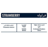 Strawberry specialty coffee label featuring Co-Fermented Strawberry Caturra coffee from Oporapa, Colombia, with bilingual English and Arabic packaging details.