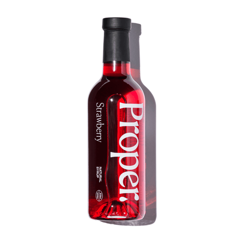 Proper Strawberry Syrup bottle made from cane sugar and organic agave, gluten free and vegan.
