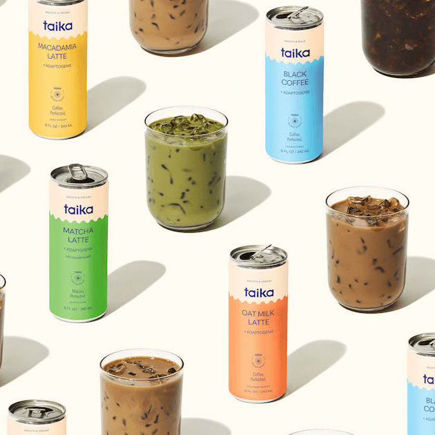 Colorful assortment of ready-to-drink coffee and matcha beverages in cans and glasses from Taika, perfect for gifts.