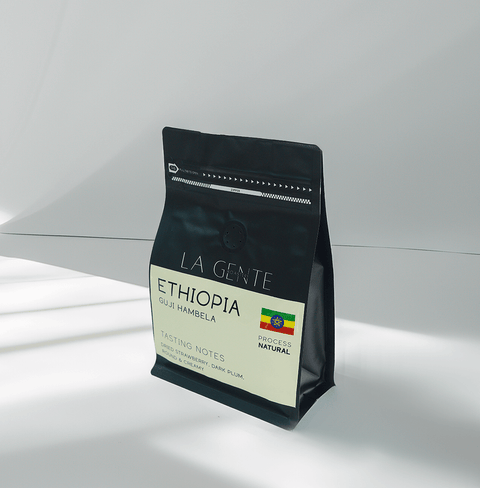 Ethiopia Guji Hambela coffee bag featuring natural processing and tasting notes of chocolate and fruit.