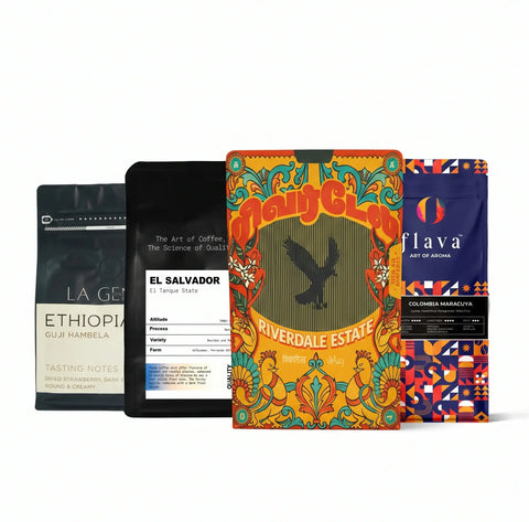 Collection of coffee packages with various designs and text on a white background