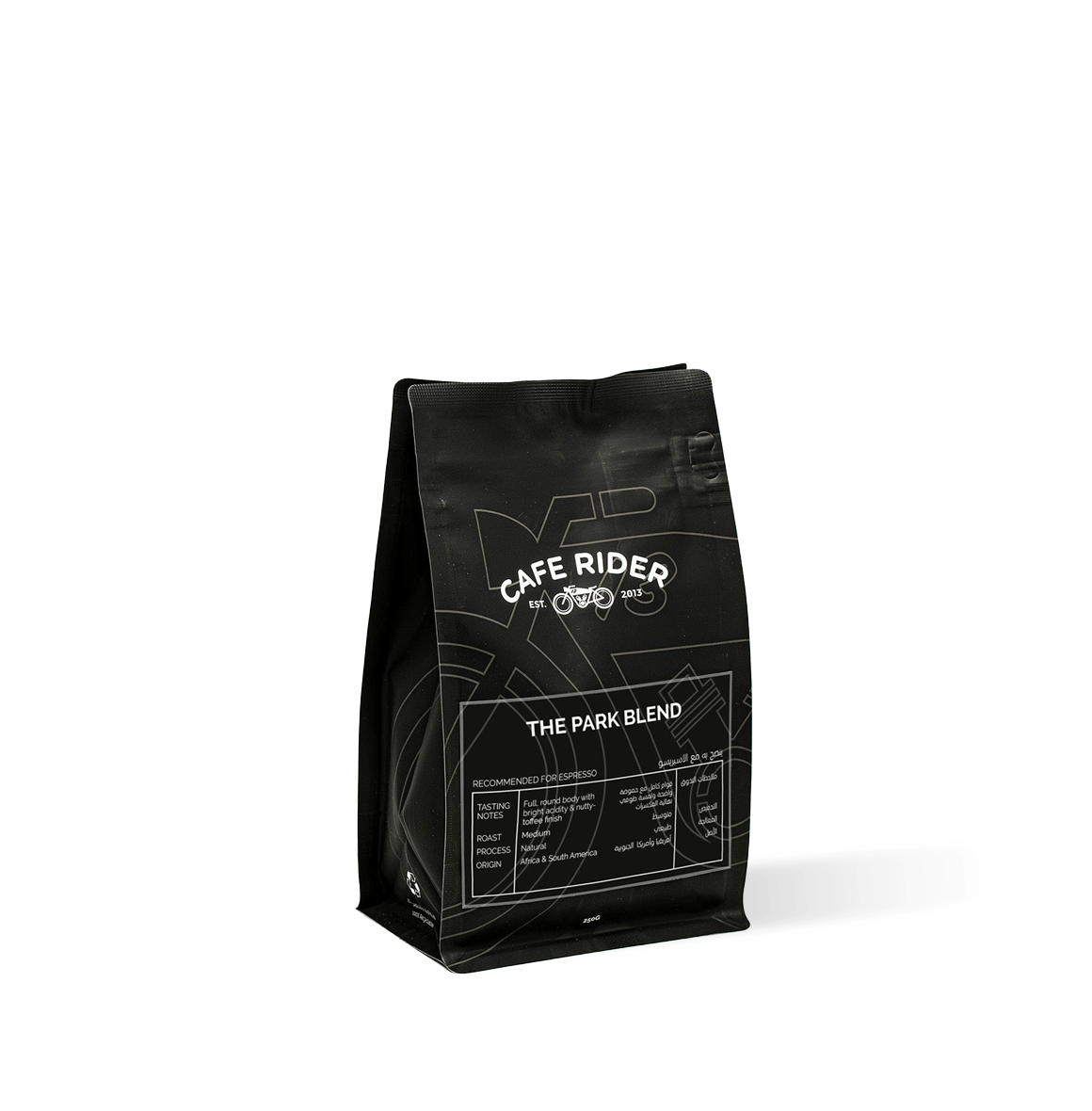 Espresso brewing recommended, full body with bright acidity and nutty-toffee finish, medium roast, natural processed beans from Africa and South America.