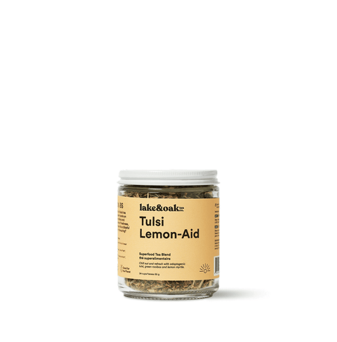 Jar of Tulsi Lemon-Aid herbal tea blend by Lake & Oak, featuring a caffeine-free, refreshing mix.