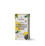 Blendsmiths Turmeric & Cinnamon Blend packaging, featuring a warm and invigorating premium drink made with turmeric and spices. The 250g box design incorporates earthy yellow tones, botanical illustrations, and spice elements like cinnamon and star anise.