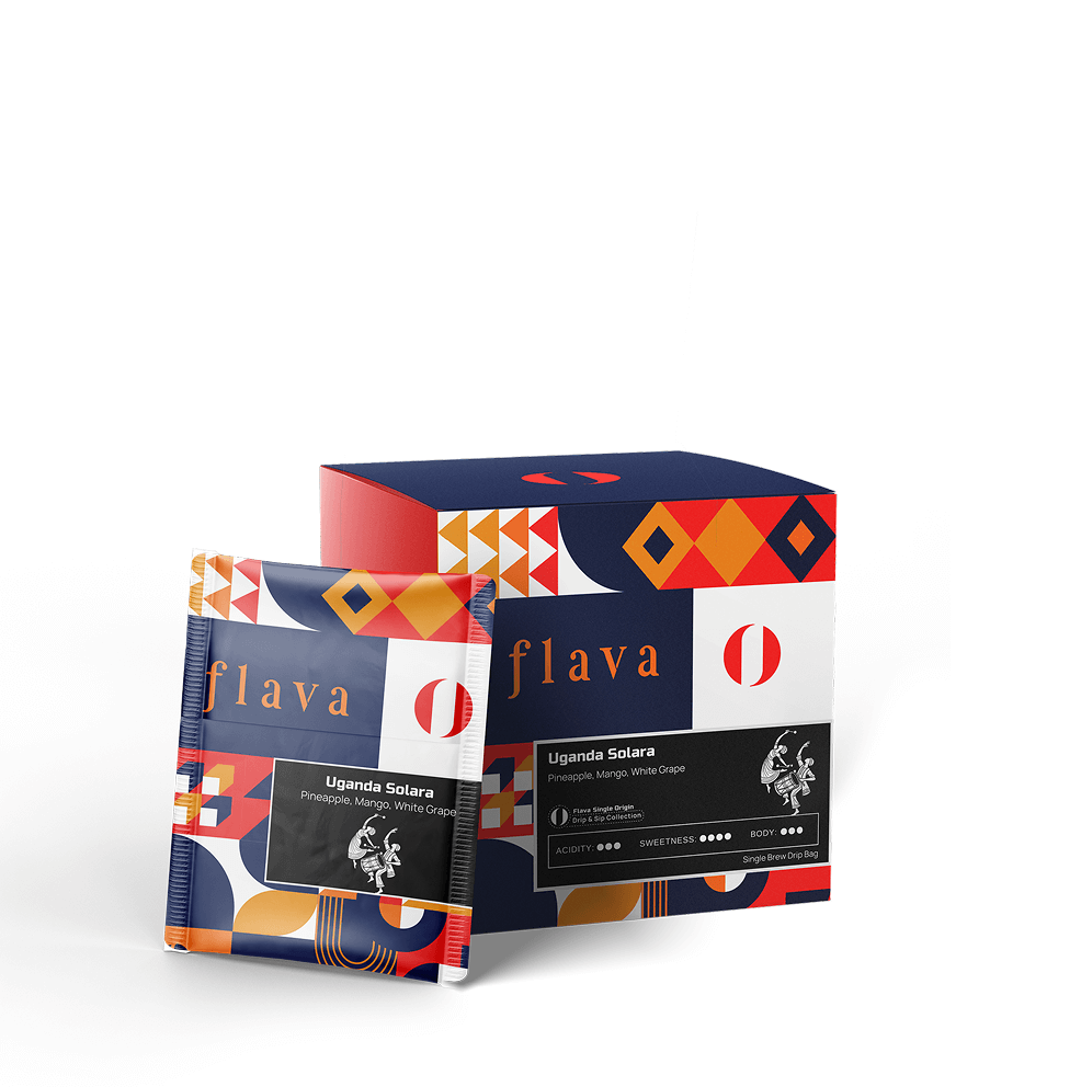 Packaging of Uganda Solara Single Origin Drip Bags with vibrant African design elements
