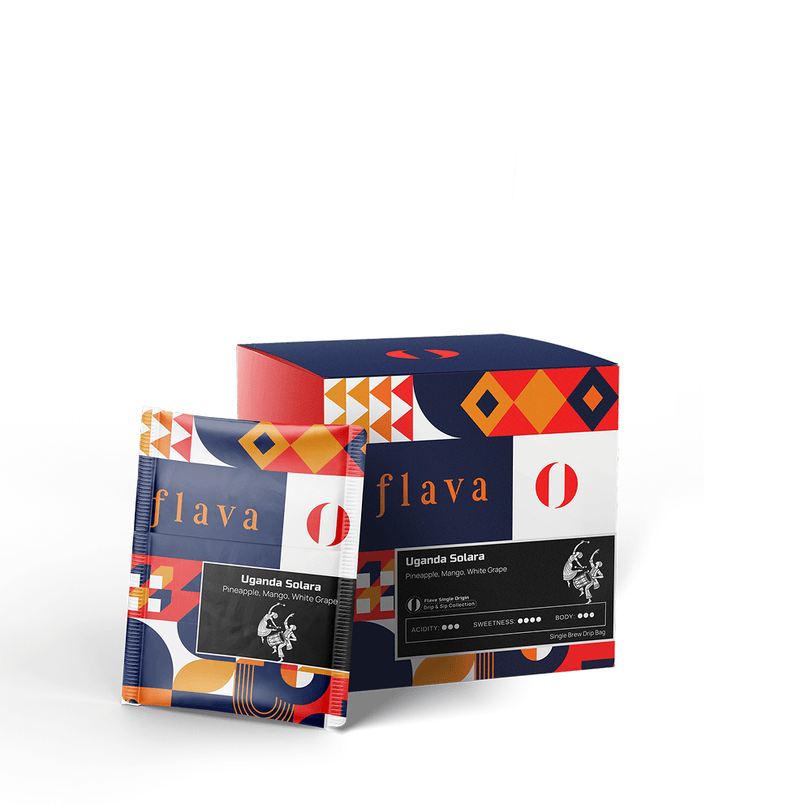 Packaging of Uganda Solara Single Origin Drip Bags with vibrant African design elements