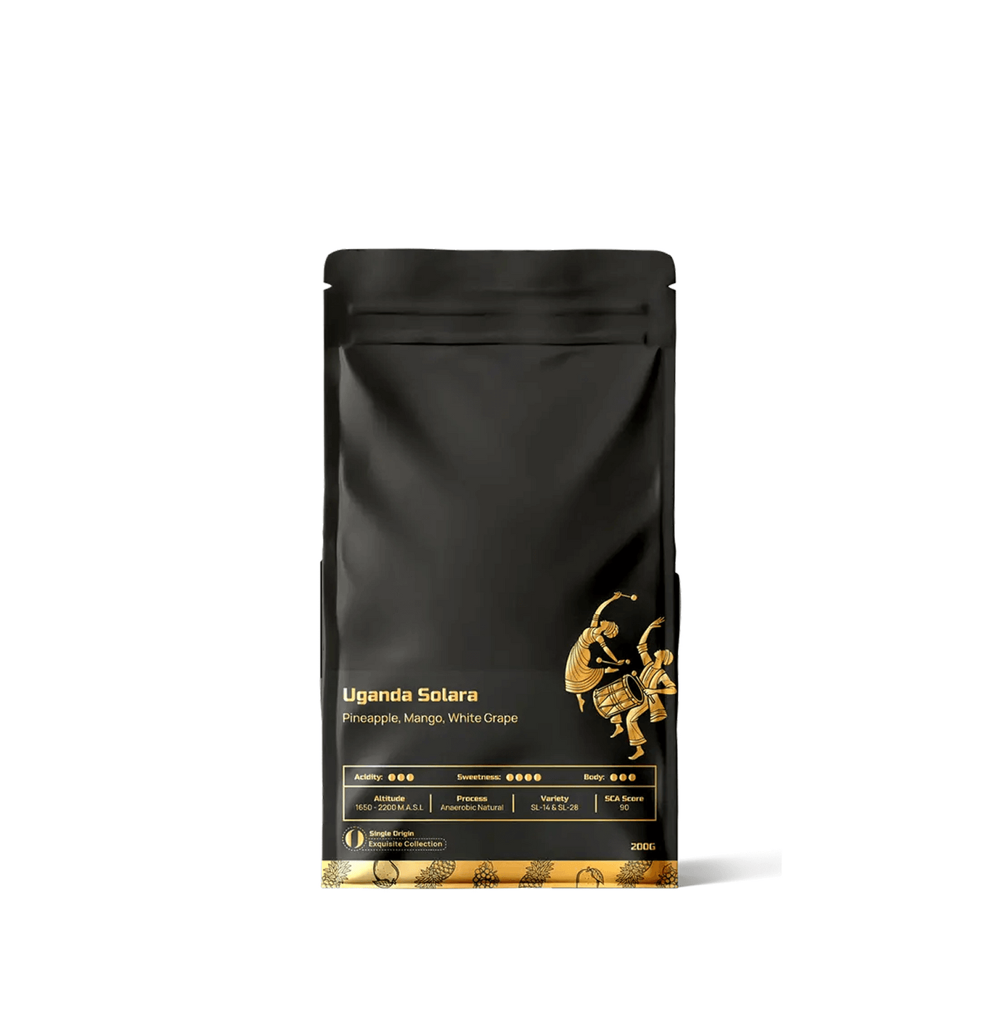 Uganda Solara Single Origin Coffee bag with notes of pineapple, mango, and white grape, perfect for filter brewing and drip methods.