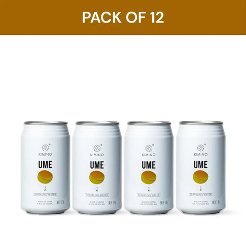Pack of 12 Kimino Ume Sparkling Water cans, featuring hand-picked Japanese plums and mountain spring water, no sugar or additives.