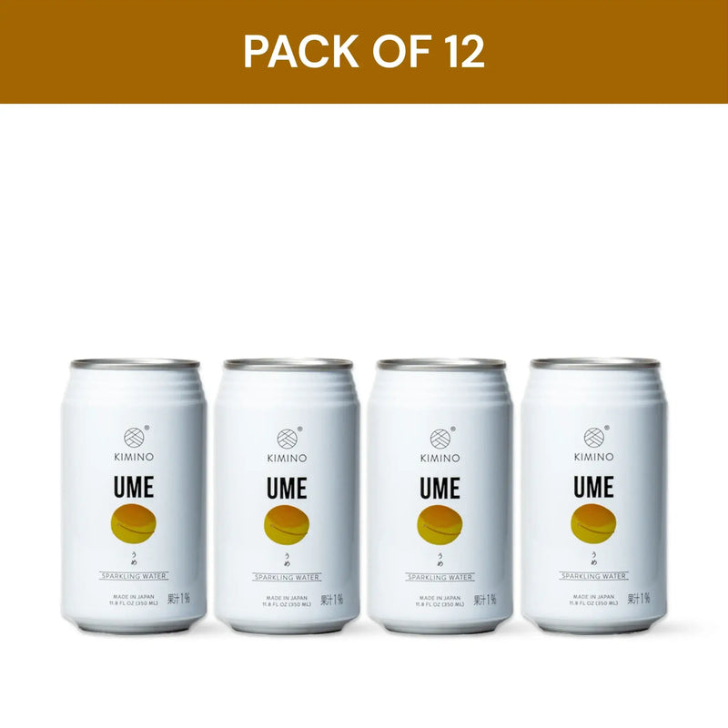 Pack of 12 Kimino Ume Sparkling Water cans, featuring hand-picked Japanese plums and mountain spring water, no sugar or additives.