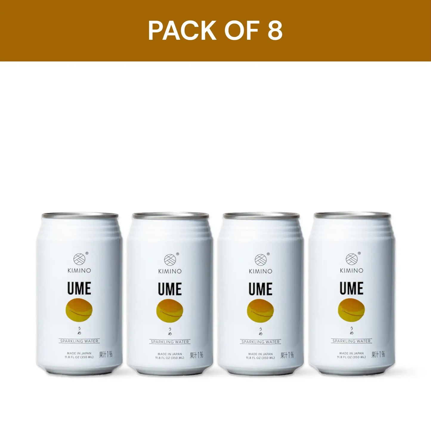 Pack of 8 Kimino Ume Sparkling Water cans, featuring hand-picked Japanese plums and mountain spring water, sugar and additive-free.