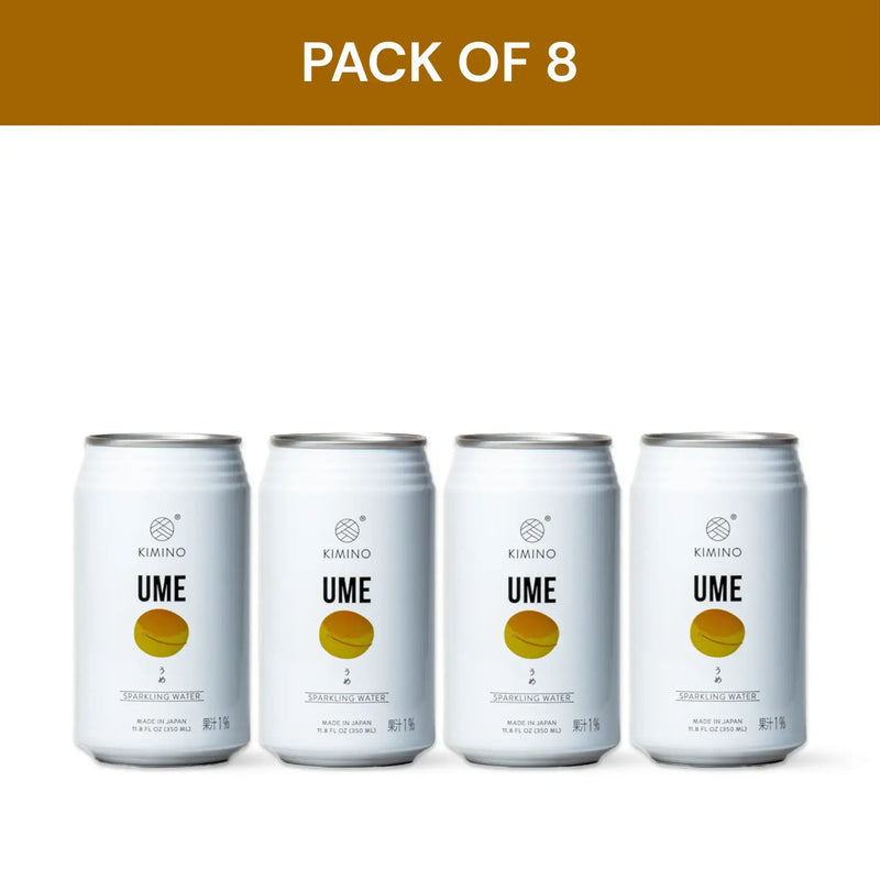 Pack of 8 Kimino Ume Sparkling Water cans, featuring hand-picked Japanese plums and mountain spring water, sugar and additive-free.