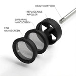 Exploded view of Sunminimal NanoFoamer V2 parts: heavy duty rod, replaceable impeller, superfine and fine nanoscreens.