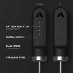 Sunminimal NanoFoamer V2 showing dual-speed switch, battery indicator, and stainless steel design details for latte art microfoam.