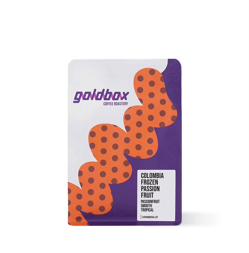 Packaging of Colombia Frozen Passion Fruit Specialty Coffee with unique design from San Agustín Coffee Producers.