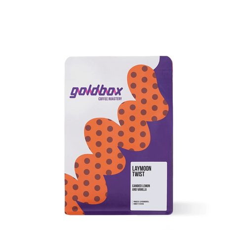 Laymoon Twist Specialty Coffee package with purple and orange design, crafted for exceptional flavor.