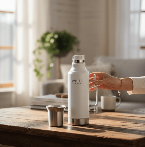The Yerba Mate Kit featuring a White Prime Mate thermos and cup on a wooden table, perfect for yerba mate rituals.
