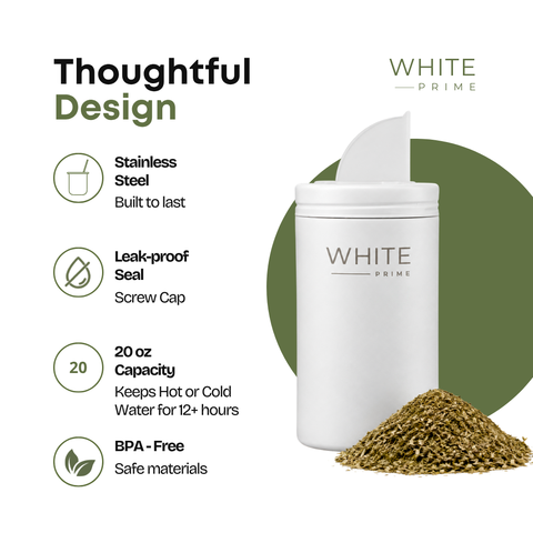 Yerba Mate Container 20 oz stainless steel, leak-proof screw cap, BPA-free, keeps drinks hot or cold for 12+ hours