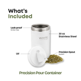 White Prime 20 oz Stainless Steel Multipurpose Container with a precision pour spout, ideal for yerba mate, coffee, tea, and sugar. — view 4
