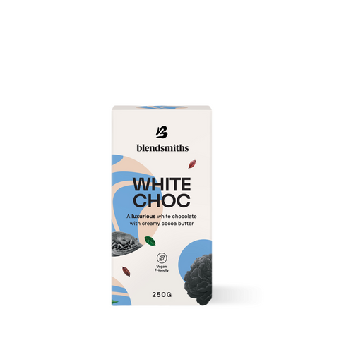 White Choc Blend packaging with creamy coconut notes and Peruvian cocoa butter, offering smooth vanilla sweetness and a coconut twist.