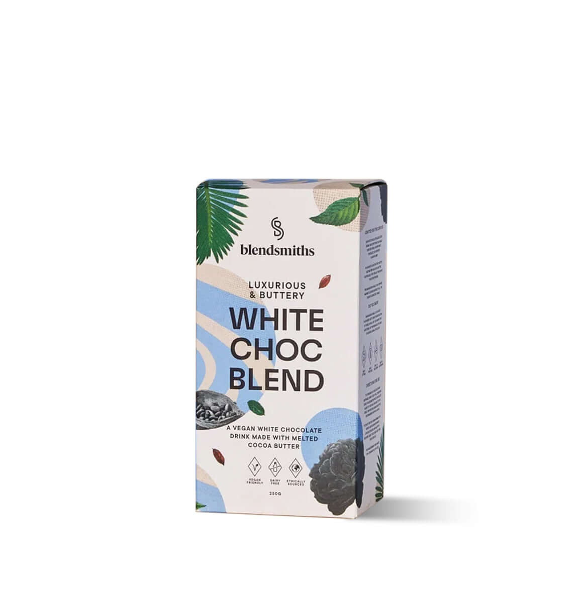 Blendsmiths White Choc Blend packaging, featuring a luxurious and buttery vegan white chocolate drink made with melted cocoa butter. The box has a sleek design with soft blue and earthy tones, abstract patterns, and botanical elements. 