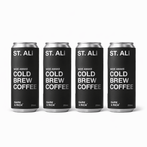 Wide Awake Cold Brew coffee cans, rich and dark, ideal for energy on-the-go.