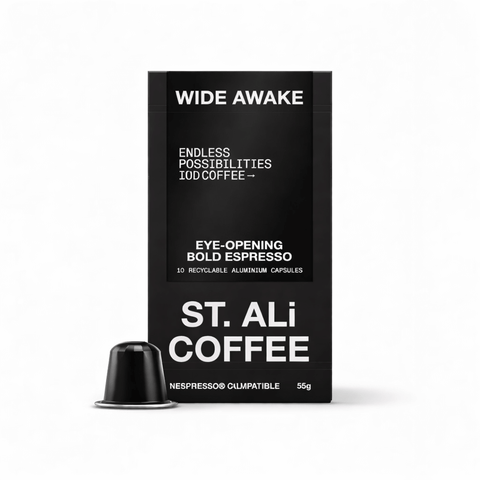 Wide Awake | Strong Espresso Capsules by ST. ALi Coffee in recyclable aluminum packaging.