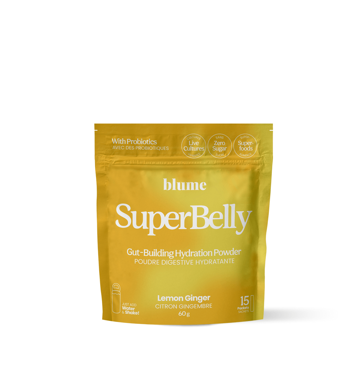 SuperBelly Lemon Ginger combines love of superfoods with prebiotics (from inulin), trace minerals, fermented apple cider vinegar, and probiotics that contribute to a healthy gut flora.