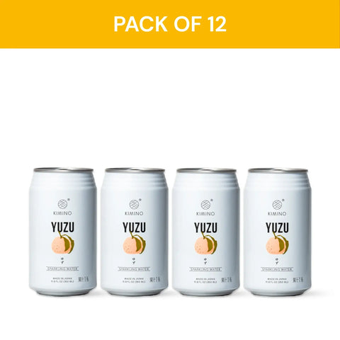 Pack of 12 Kimino Yuzu Sparkling Water cans featuring hand-picked yuzu and mountain spring water for a natural citrus refreshment.