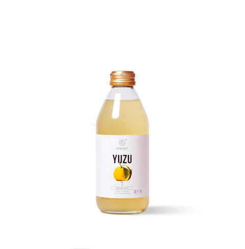 Bottle of Kimino Yuzu Sparkling Juice made with Shikoku yuzu and mountain spring water.